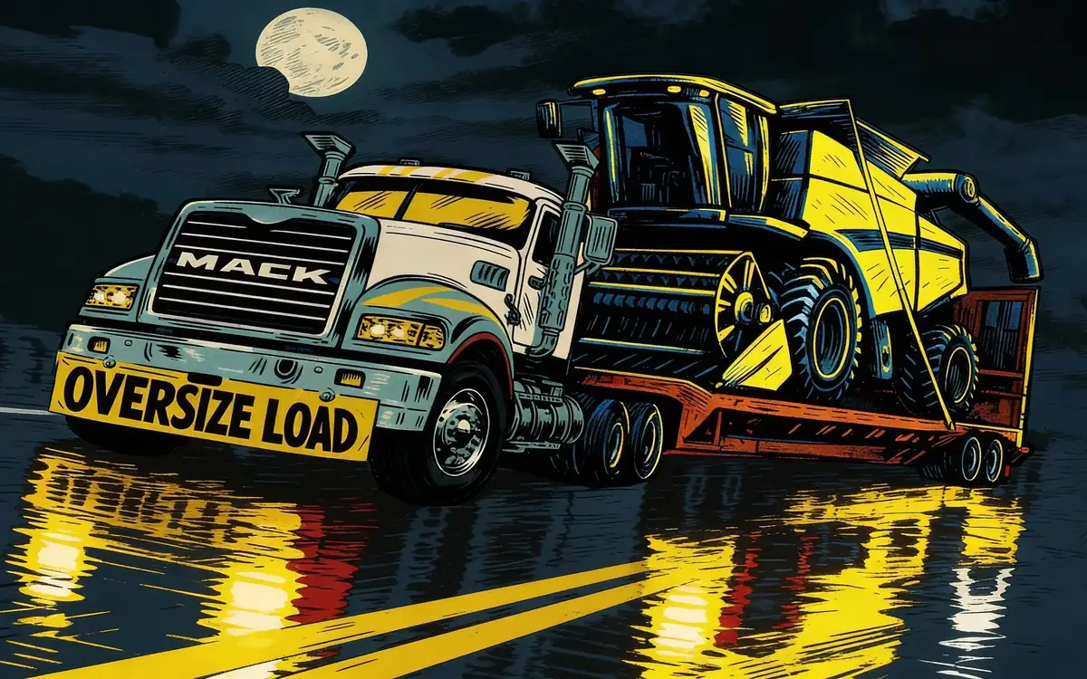 Lowboy trailer hauling an oversized excavator with a pilot car