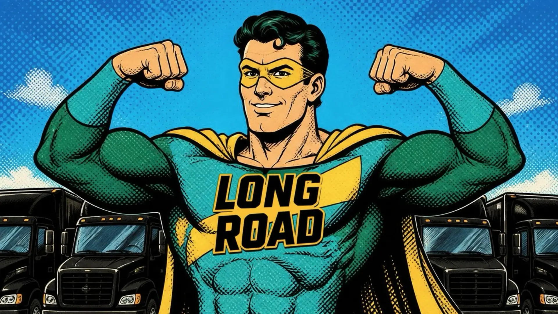 Long Road superhero flexing in front of the truck fleet