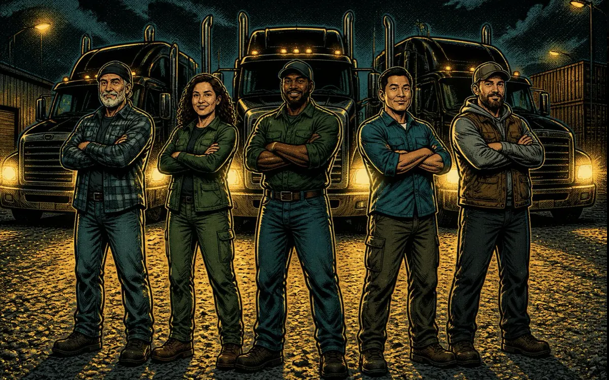 Long Road owner-operators standing in front of their trucks at night